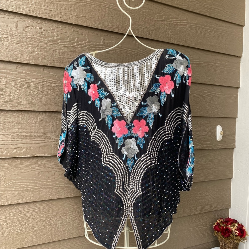 1980's Womens Totally 80s Butterfly Sequin Cocktail Shirt